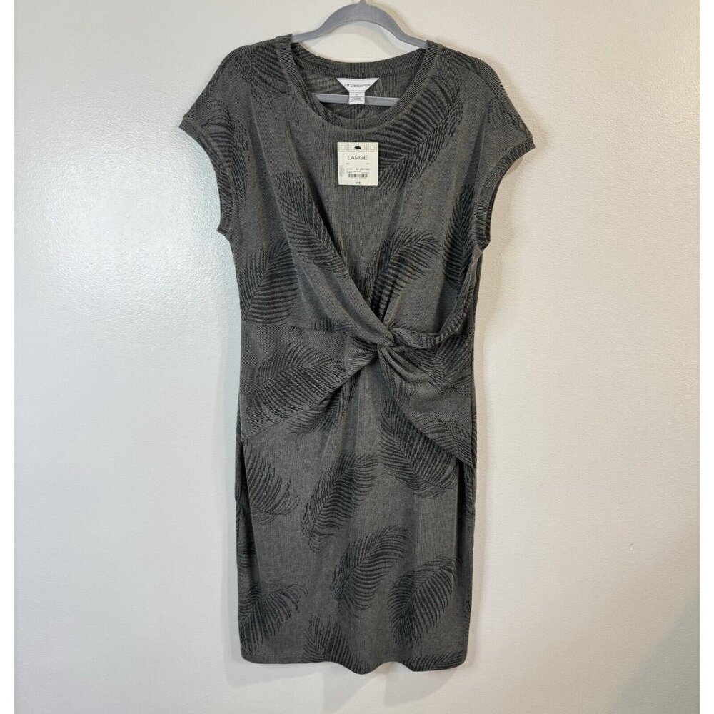NWT Liz Claiborne Shirt Dress L Wrap Ribbed Knit Palm Leaves Gray Green Tropical